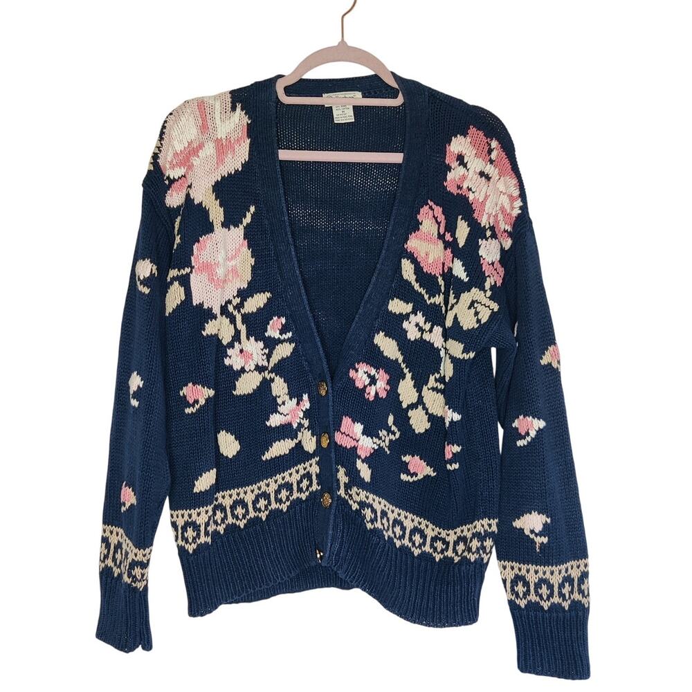 Vintage Floral Knit Navy Blue Cottagecore Cardigan Grandma Sweater Medium